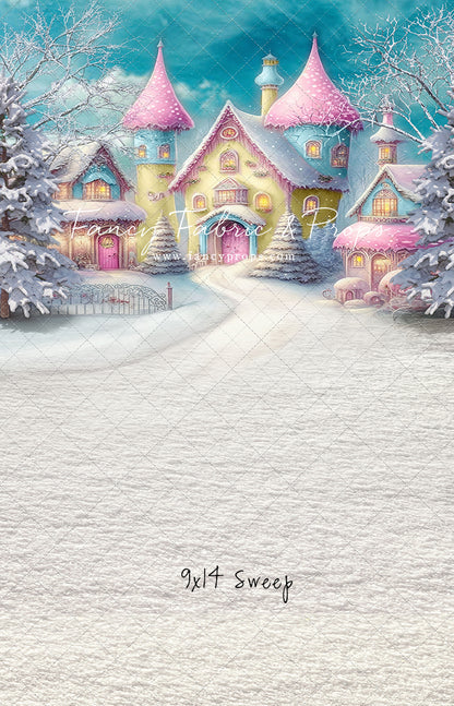 Colorful Snowy Village - Yellow with Pink Roof - with Sweep Option