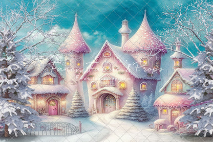 Colorful Snowy Village - Pastel Pink Home - with Sweep Option