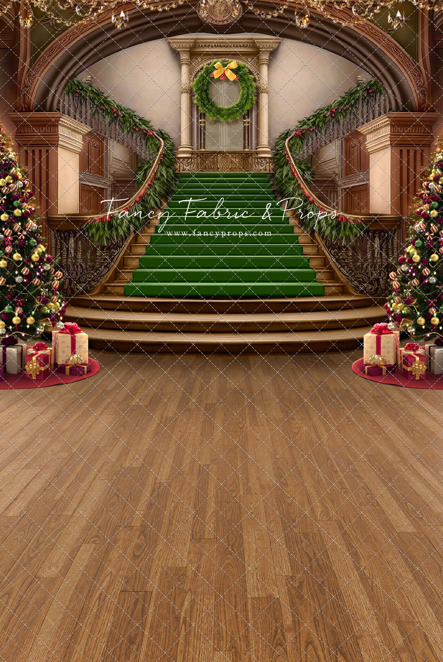 Grand Holiday Staircase - Green Stairs & Wood Floor - with Sweep Option