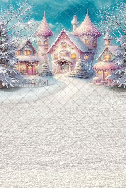 Colorful Snowy Village - Pastel Pink Home - with Sweep Option
