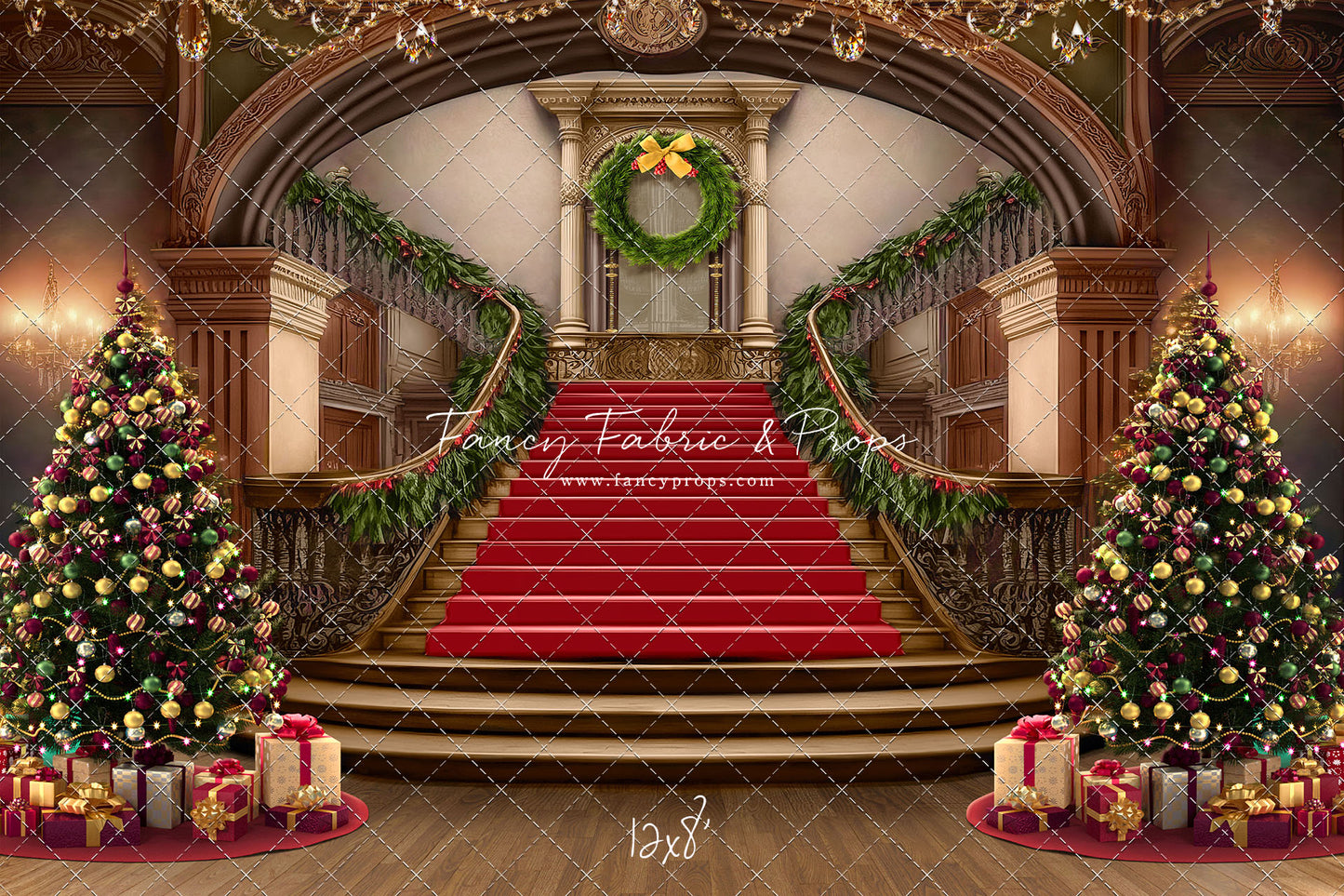 Grand Holiday Staircase - Red Stairs & Wood Floor - with Sweep Option