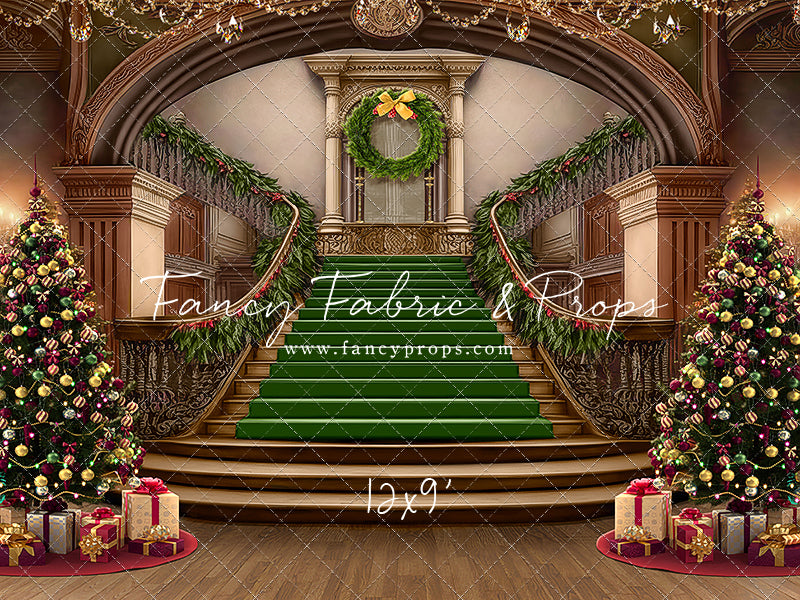 Grand Holiday Staircase - Green Stairs & Wood Floor - with Sweep Option