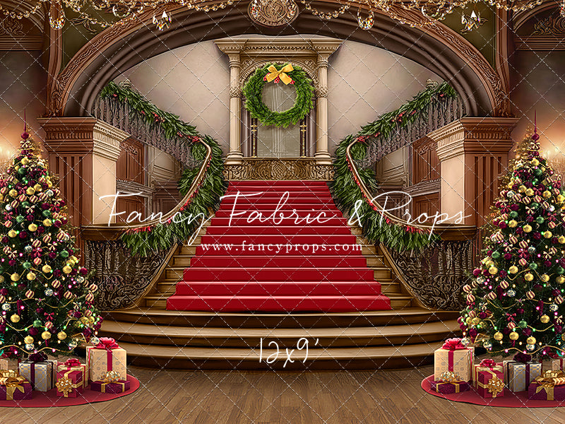 Grand Holiday Staircase - Red Stairs & Wood Floor - with Sweep Option