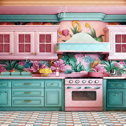 Tropical Kitchen - Blue & Pink - With Sweep Option
