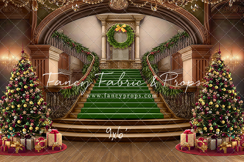 Grand Holiday Staircase - Green Stairs & Wood Floor - with Sweep Option