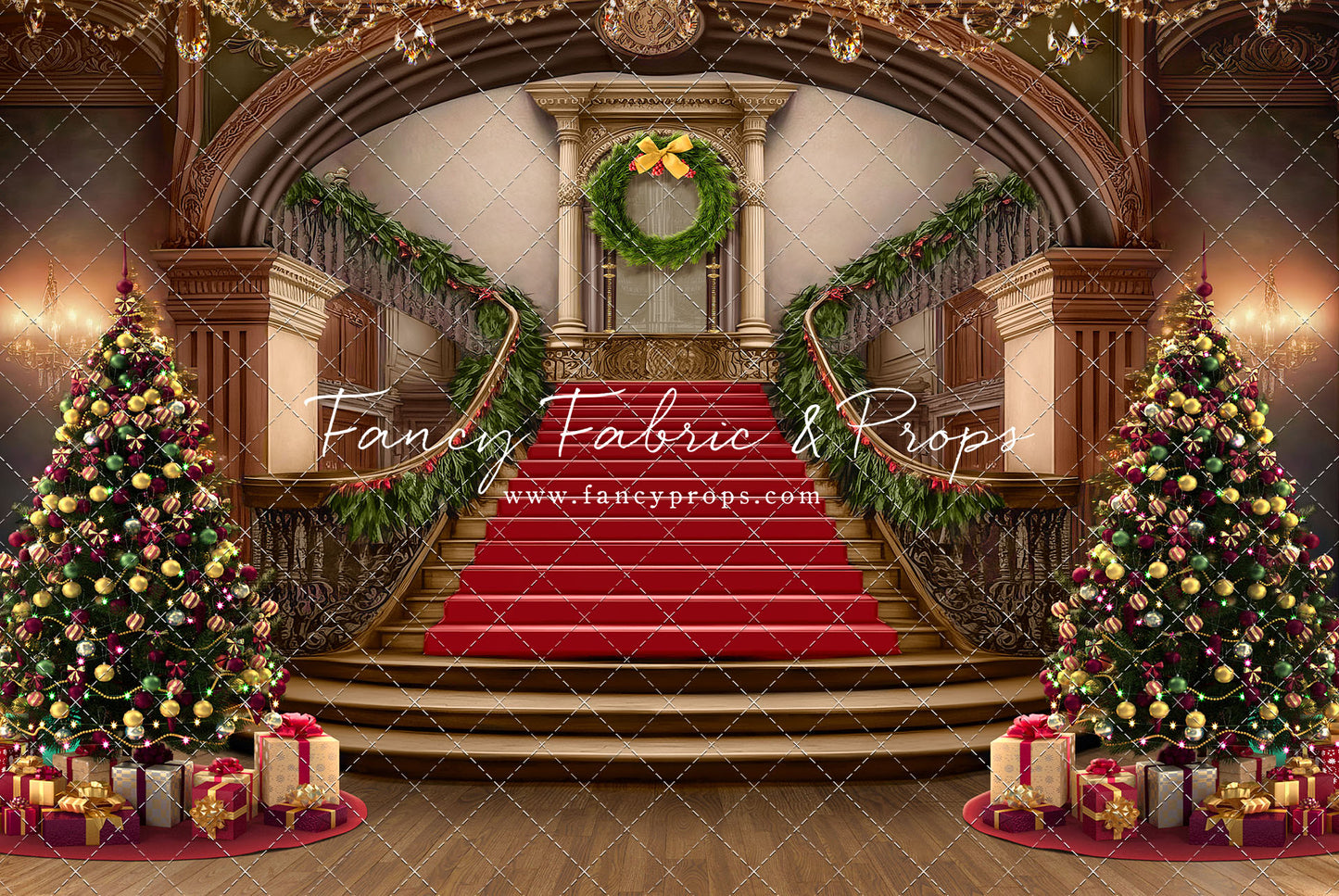 Grand Holiday Staircase - Red Stairs & Wood Floor - with Sweep Option