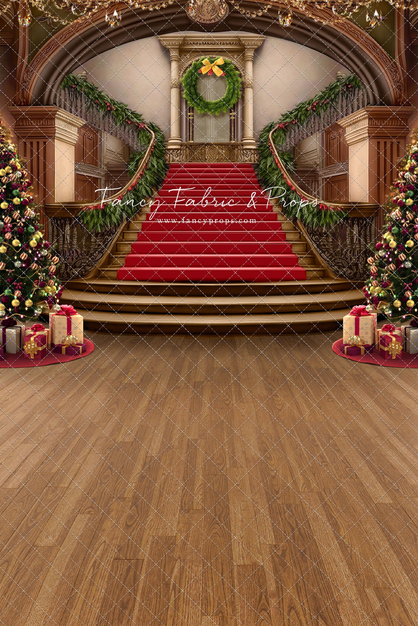 Grand Holiday Staircase - Red Stairs & Wood Floor - with Sweep Option