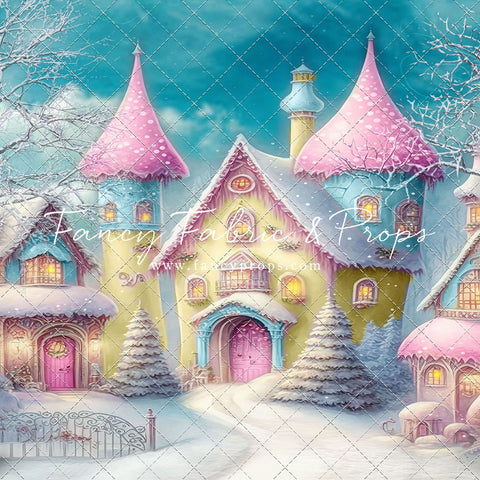 Colorful Snowy Village - Yellow with Pink Roof - with Sweep Option