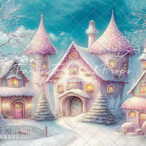 Colorful Snowy Village - Pastel Pink Home - with Sweep Option