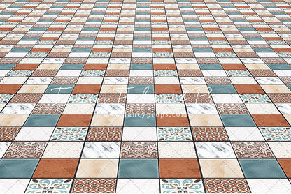 Tropical Kitchen Blue/Pink - Tile Floor - Mat Floor